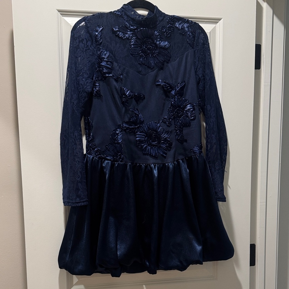Beautiful navy satin bubble dress with lace sleeves